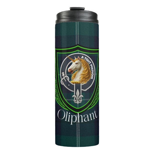 Garrafa Térmica Tartan e Brasão do Clã Escocês Oliphant (Frente)