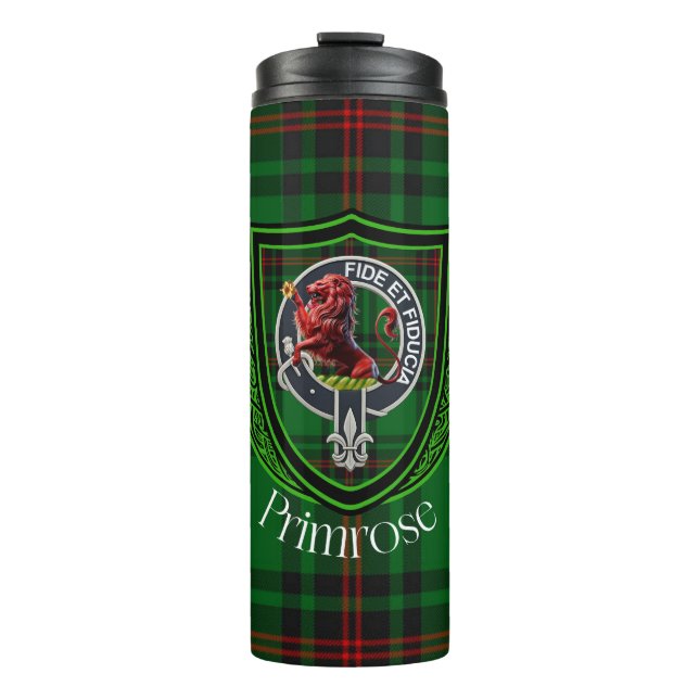 Garrafa Térmica Tartan e Brasão do Clã Escocês Primrose (Frente)