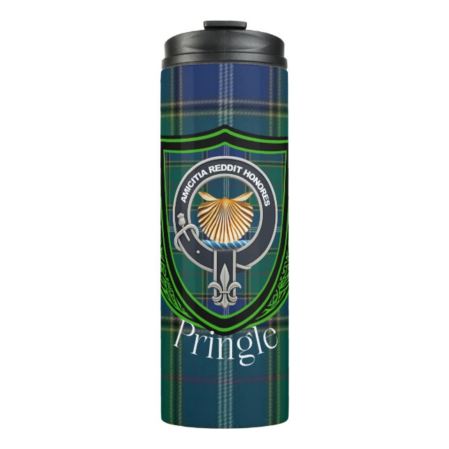 Garrafa Térmica Tartan e Brasão do Clã Escocês Pringle (Frente)