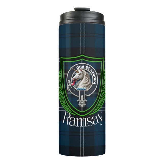 Garrafa Térmica Tartan e Brasão do Clã Escocês Ramsay (Frente)