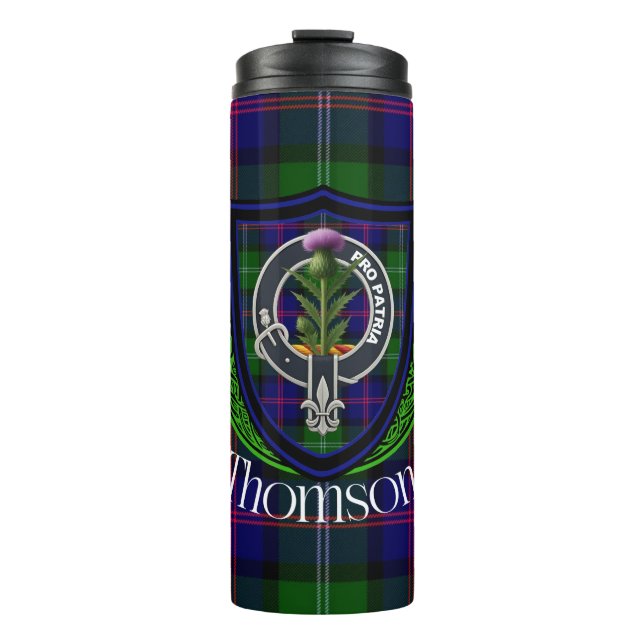 Garrafa Térmica Tartan e Brasão do Clã Escocês Thomson (Frente)