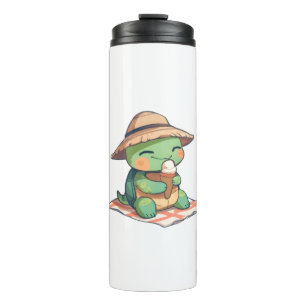 Garrafa Térmica Tartaruga Kawaii Chibi de Chapéu de Palha Comendo 