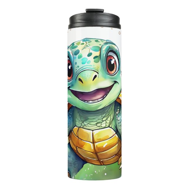 Garrafa Térmica Tartaruga Marinha Chibi Adorável Sob o Mar  (Frente)