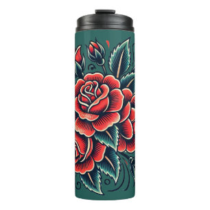 Garrafa Térmica Tatuagem Rosa Rosa vermelha Flor Arte