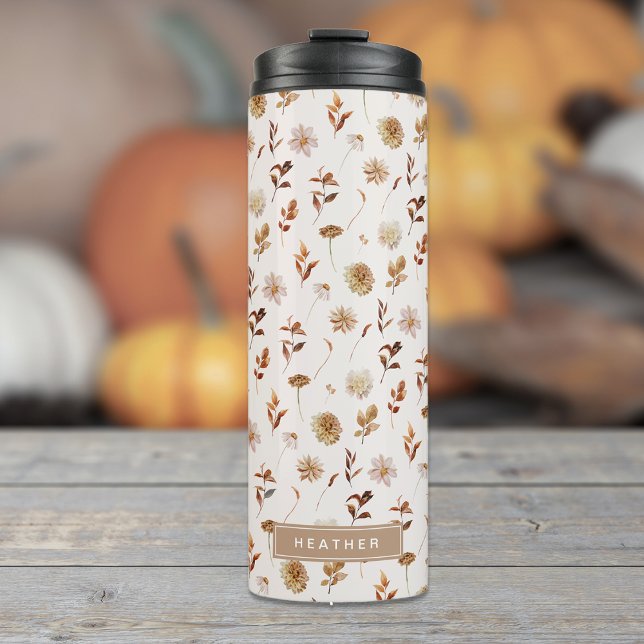 Garrafa Térmica Taupe Brown Fall Watercolor Monogramas (Taupe Brown Fall Watercolor Botanical Monogrammed Thermal Tumbler
)