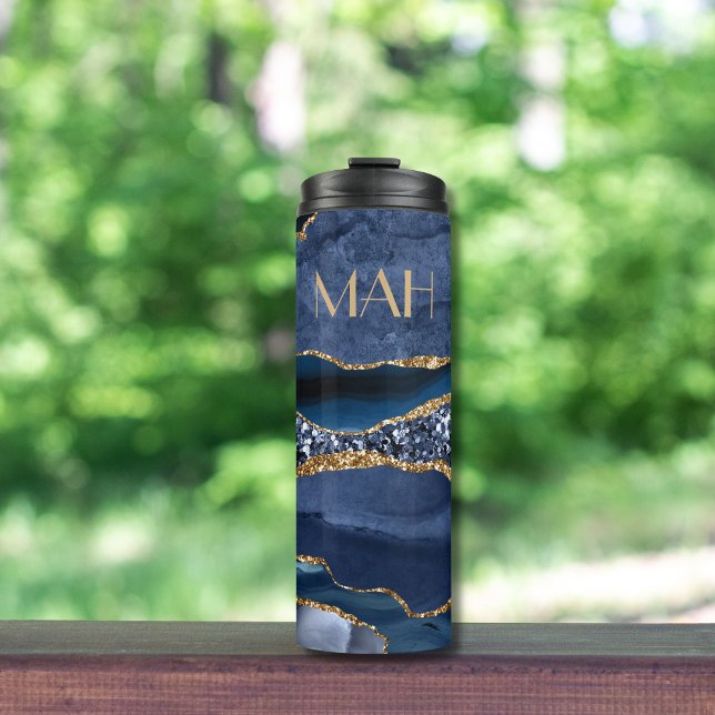 Garrafa Térmica Tendência de mármore de agitação Dourada com brilh (Blue Gold Glitter Agate Marble Monogrammed Thermal Tumbler)