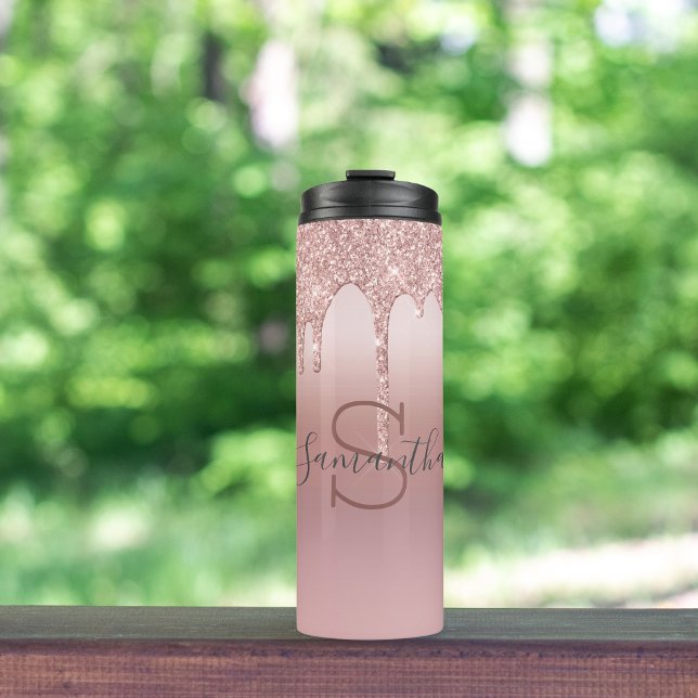 Garrafa Térmica Tendência rosa para pino rosado com pino brilhante (Monogrammed Name Initials Rose Gold Dripping Glitter Thermal Tumbler)