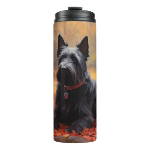 Garrafa Térmica Terrier Escocês nas Folhas de Outono Caem Inspiram