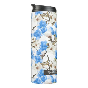 Garrafa Térmica Teste padrão azul & branco da aguarela da flor da