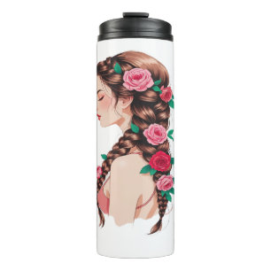 Garrafa Térmica Teto Floral de Cabelo Travado rosa para Mulheres