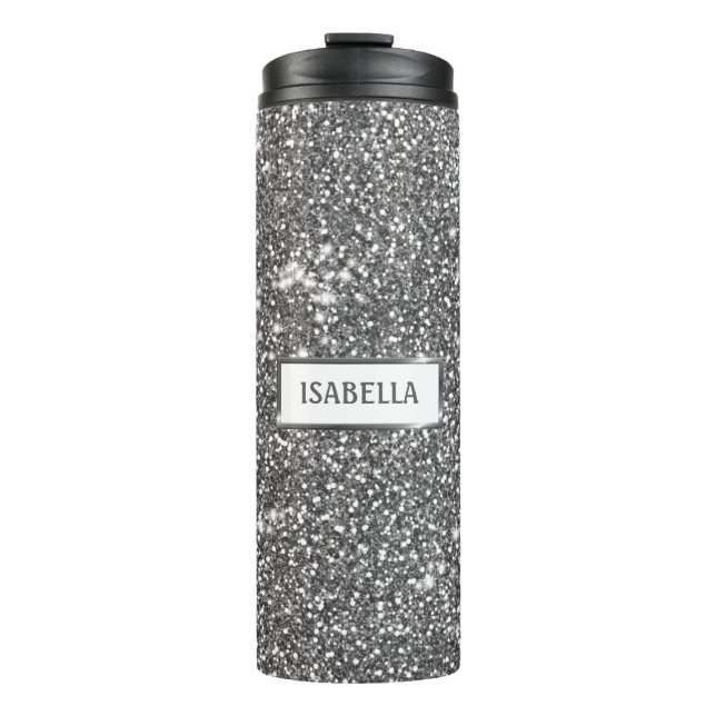Garrafa Térmica Textura de Brilho Prateado Falso e Nome Personaliz (Frente)