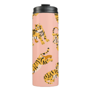 Garrafa Térmica Tigres de desenho animado, padrão de vinheta rosa.