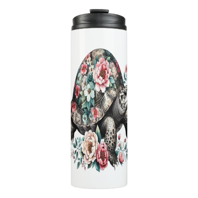 Garrafa Térmica Tinta e Lave Tartaruga com Shell Floral. (Frente)