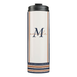 Garrafa Térmica Tiras brancas Douradas e azuis modernas