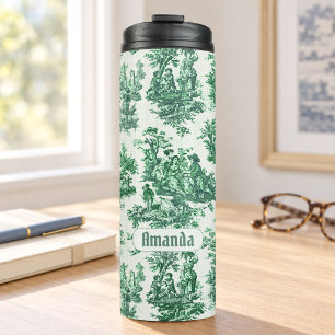 Garrafa Térmica Toile de Jouy floral verde vintage monograma