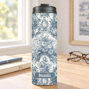 Garrafa Térmica Toile de jouy monograma floral azul vintage
