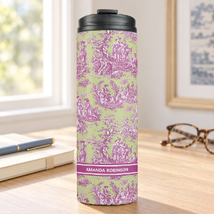 Garrafa Térmica Toile de Jouy Verde Rosa Francês Vintage