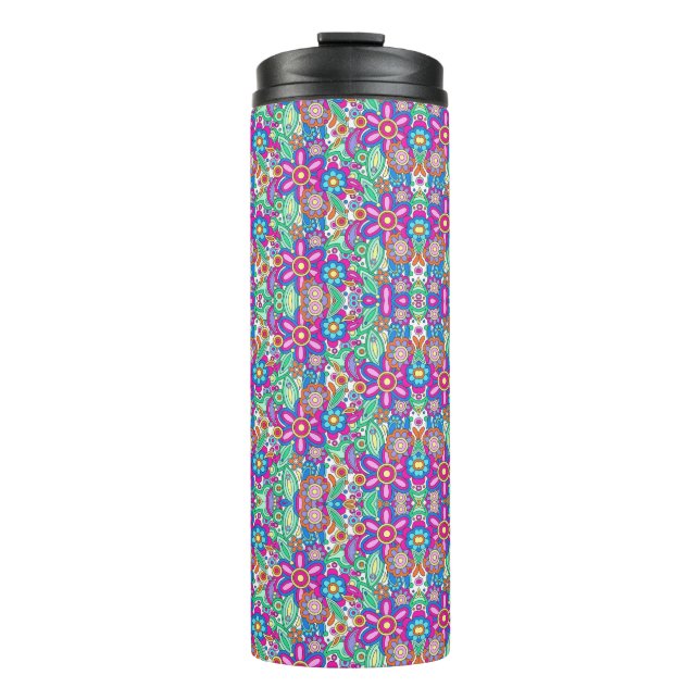 Garrafa Térmica Travel mug with vibrant, kaleidoscopic pattern. (Frente)