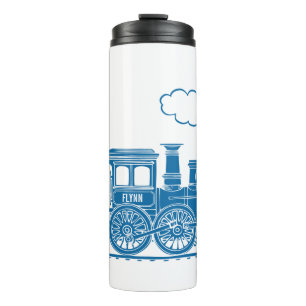 Garrafa Térmica Trem a vapor azul sobre branco com nome personaliz