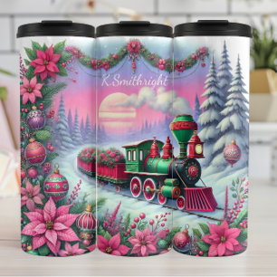 Garrafa Térmica Trem de Natal Festivo com Paisagem de Poinsettia