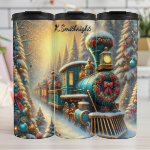 Garrafa Térmica Trem de Natal Verde-azulado Dourado Floresta Nevad