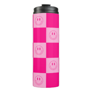 Garrafa Térmica Trendy Hot Pink Checkered Cute Happy Face Sorrindo