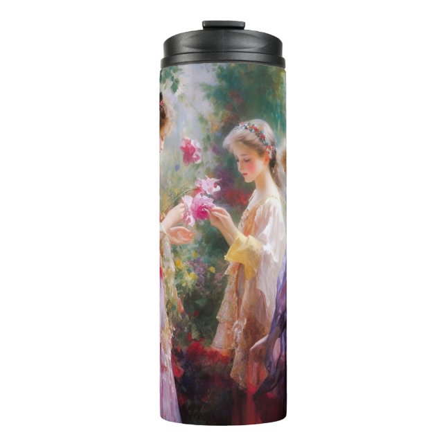 Garrafa Térmica Três garotas brincando num jardim (Frente)