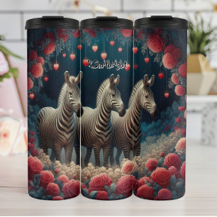 Garrafa Térmica Três zebras em um jardim Rosa