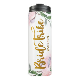 Garrafa Térmica Tribo da noiva floral e falso Dourado com nome