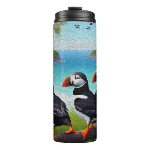 Garrafa Térmica Trio Costeiro: Três Puffins na Praia em Óleos