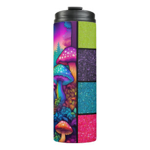 Garrafa Térmica Trippy Rainbow Mushroom e faux glitter
