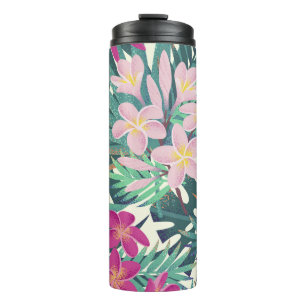 Garrafa Térmica Tropical de Frangipani: Vintage branco-rosa.