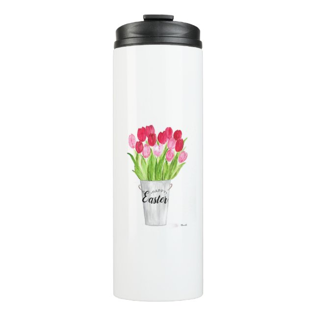 Garrafa Térmica Tulipas Aquarela Felz pascoa Floral Rosa elegante (Frente)