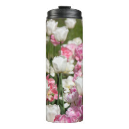 Garrafa Térmica Tulipas brancas e rosadas brilhantes em um dia ens