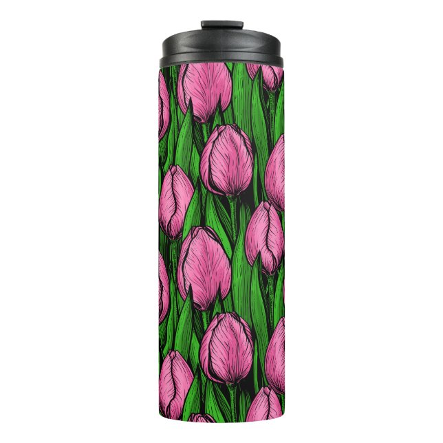 Garrafa Térmica Tulipas cor-de-rosa com folhas verdes (Frente)