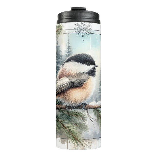 Garrafa Térmica Tumbler de Aquarela Evergreen Chickadee Bird (Frente)