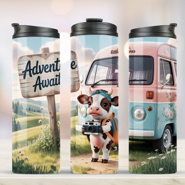 Garrafa Térmica Tumbler de aventura de vaca em corte (Let the Adventure Begin! Perfect for Travel or celebrating the adventure of parenthood!)