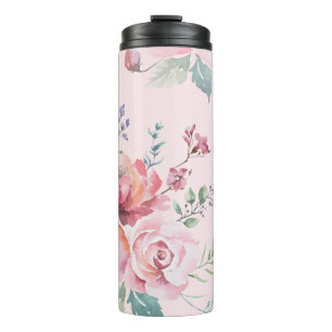 Garrafa Térmica Tumbler de Viagem com Rosas Cor-de-Rosa em Aquarel