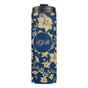 Garrafa Térmica Tumbler Floral Azul Marinho Dourado Personalizado