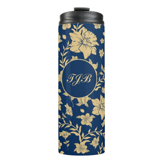 Garrafa Térmica Tumbler Floral do Marinho Dourado Personalizado (Frente)