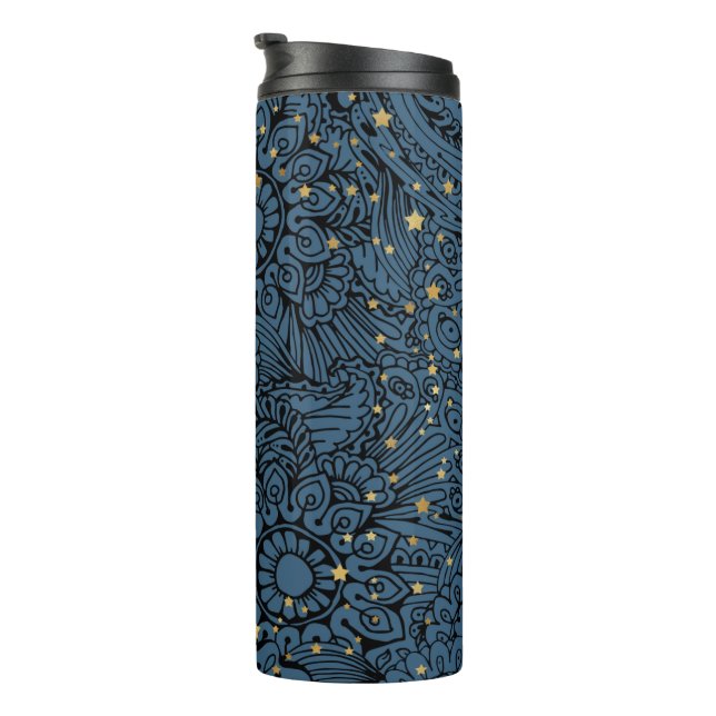 Garrafa Térmica Tumbler térmico azul escuro com estrelas e flores (Rotação à direita)