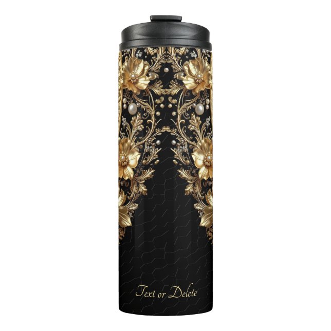 Garrafa Térmica Tumbler Térmico com Flores Douradas Ornamentadas (Frente)