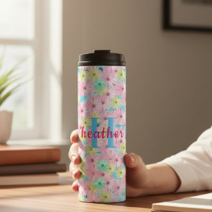 Garrafa Térmica Tumbler Térmico com Monograma Floral Rosa