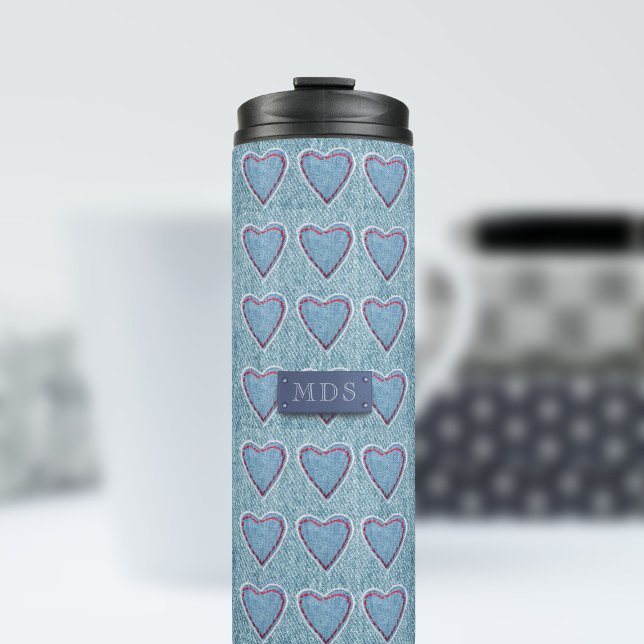 Garrafa Térmica Tumbler Térmico de Coração de Cinto Azul (A cute blue denim heart pattern thermal tumbler with space for your initials)