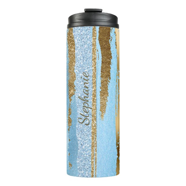 Garrafa Térmica Tumbler Térmico de Glitter Azul e Dourado (Frente)