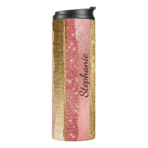 Garrafa Térmica Tumbler Térmico de riscas de brilho rosa e Dourada