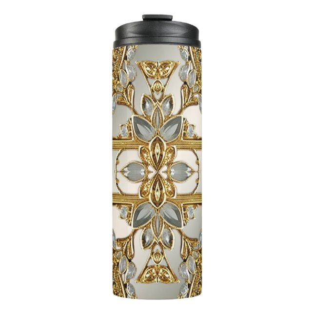 Garrafa Térmica Tumbler térmico Floral Branco do Ornamentado Doura (Frente)