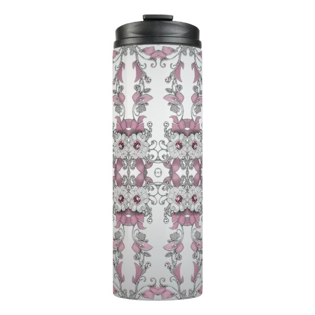 Garrafa Térmica Tumbler Térmico Floral Branco Prateado Rosa (Frente)