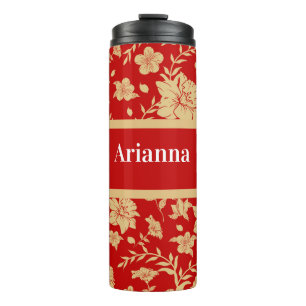 Garrafa Térmica Tumbler Térmico Floral Dourado Vermelho Personaliz