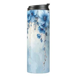 Garrafa Térmica Tumbler Térmico Flores Azuis e Pérolas
